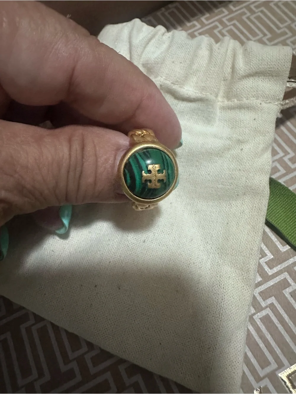 Tory Burch Gold Ring with Green Malachite Center New with pouch